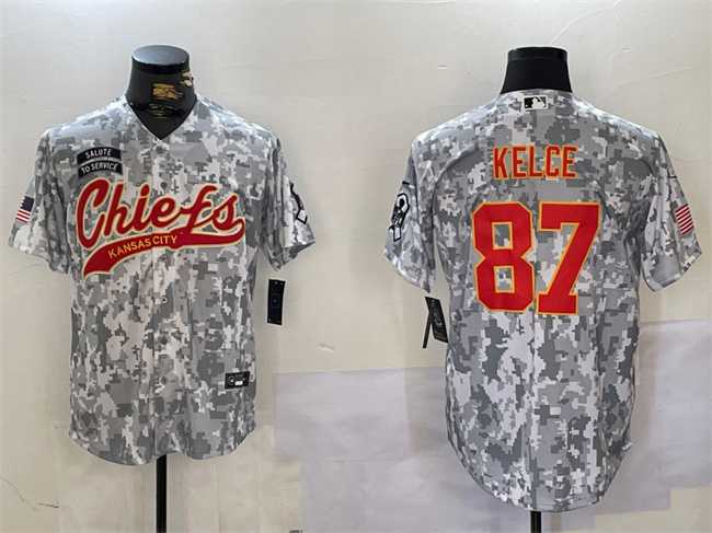 Mens Kansas City Chiefs #87 Travis Kelce 2024 Arctic Camo Salute To Service Stitched Baseball Jersey